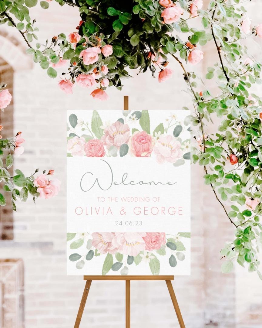 Personalised Floral Wedding Welcome Sign: A1-A4 Sizes, Custom Text