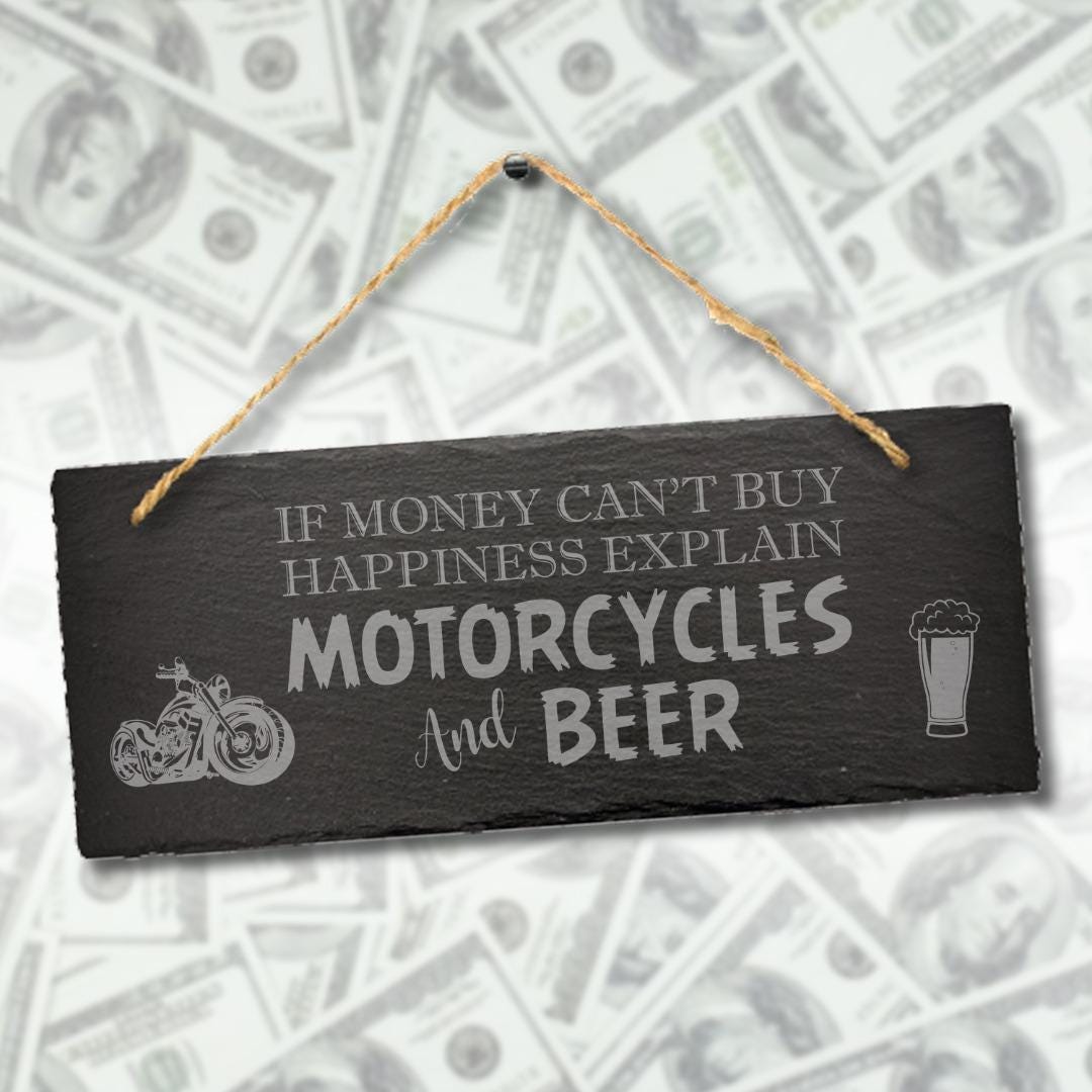 Motorbikes Beer Happiness Funny Hanging Slate Plaque Bar Garage Shed Gift Sign