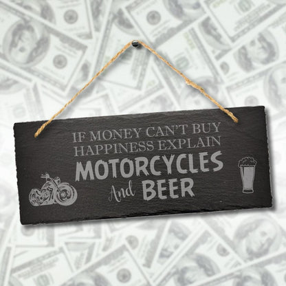 Motorbikes Beer Happiness Funny Hanging Slate Plaque Bar Garage Shed Gift Sign