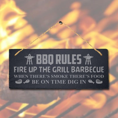 Bbq Rules Fire Up Grill Laser Engraved Hanging Slate Chicken Grilled Plaque Sign