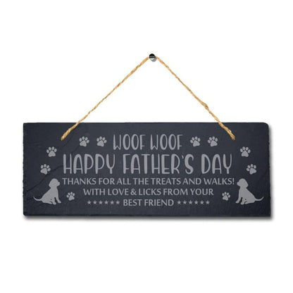 Happy Fathers Day Laser Engraved Hanging Natural Slate Dog Puppy Plaque Sign