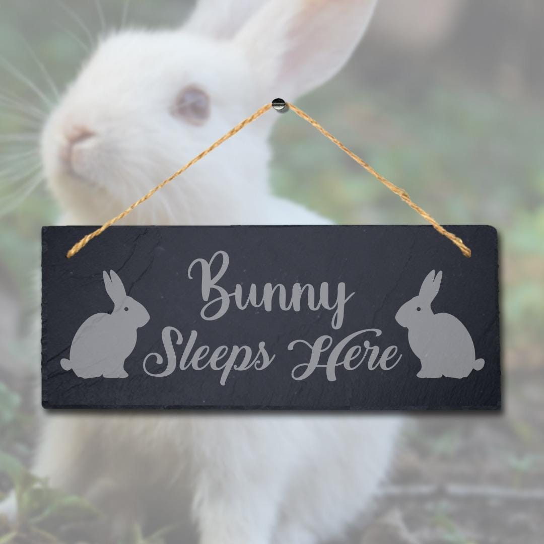 Bunny Sleeps Here Laser Engraved Hanging Slate Rabbit Bunny Home Plaque Sign