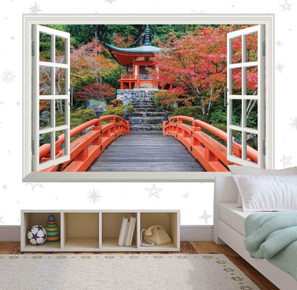 Japanese Temple 3D Window View Wall Decal: Scenic Nature Walkway