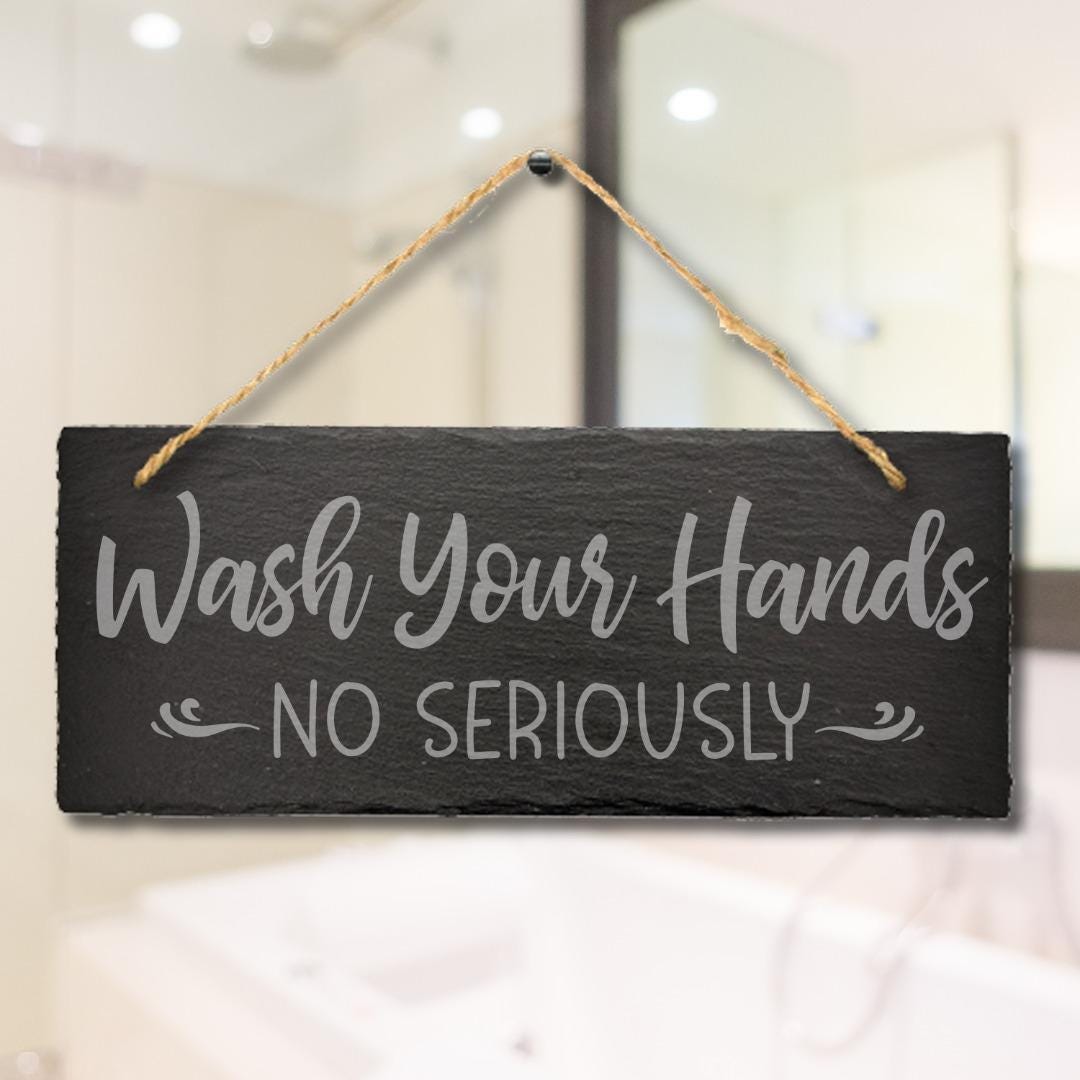 Funny Wash Your Hands Kitchen Bathroom Engraved Hanging Slate Sign Wall Plaque