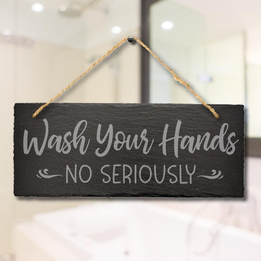 Funny Wash Your Hands Kitchen Bathroom Engraved Hanging Slate Sign Wall Plaque