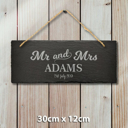 Large Personalised Mr And Mrs Hanging Slate Sign Engraved Name Date Wedding Gift