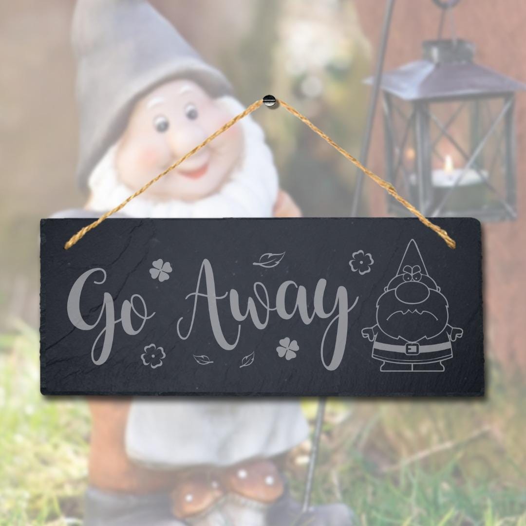 Go Away Angry Gnome Laser Engraved Hanging Slate Garden Home Decor Plaque Sign