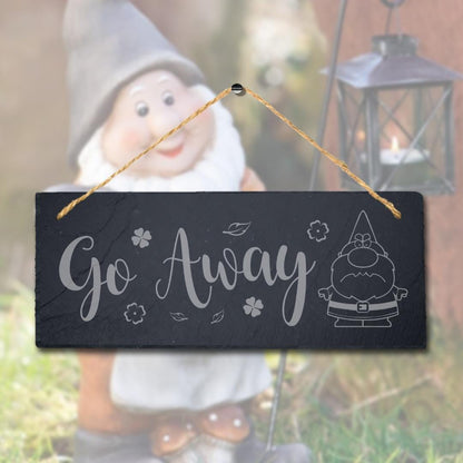 Go Away Angry Gnome Laser Engraved Hanging Slate Garden Home Decor Plaque Sign
