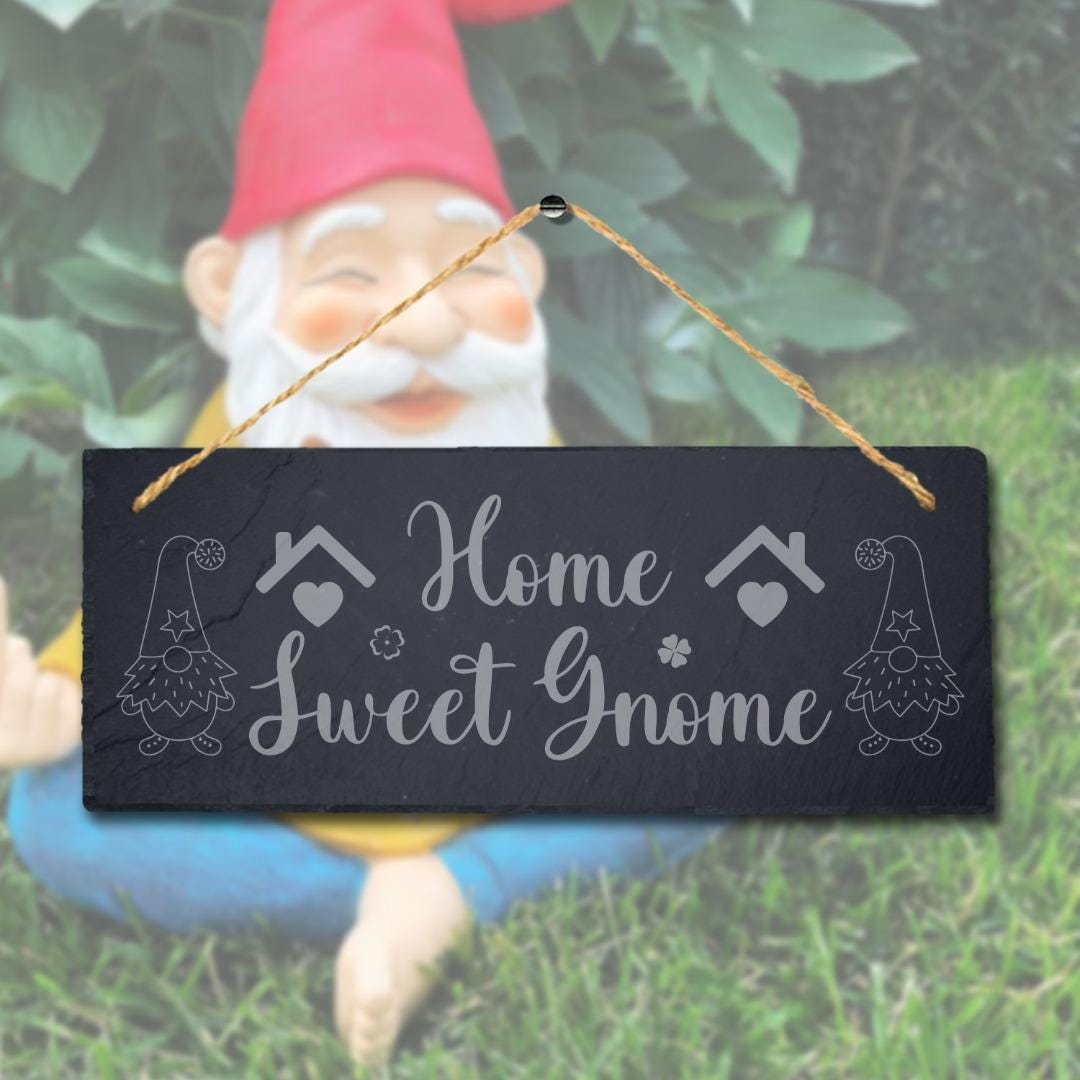 Home Sweet Gnome Laser Engraved Hanging Slate Garden Home Decor Plaque Sign