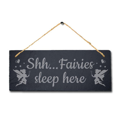 Shhh Fairies Sleep Here Laser Engraved Hanging Slate Garden Decor Plaque Sign