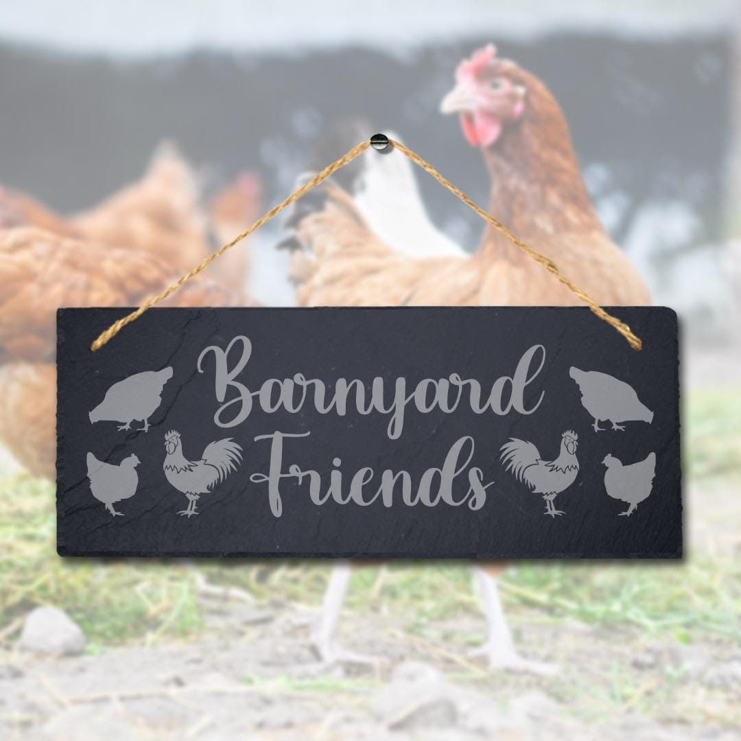 Barnyard Friends Laser Engraved Hanging Slate Hen Cock Plaque Chicken Farm Sign