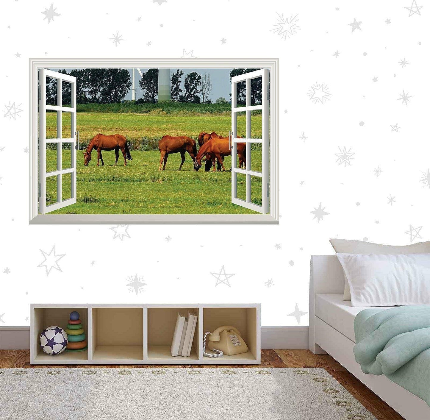 Horse Field 3D Window View Wall Decal: Grazing Horses Vinyl Mural