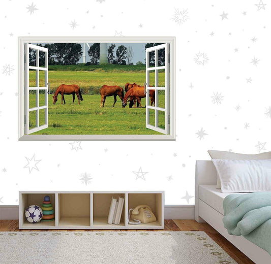 Horse Field 3D Window View Wall Decal: Grazing Horses Vinyl Mural