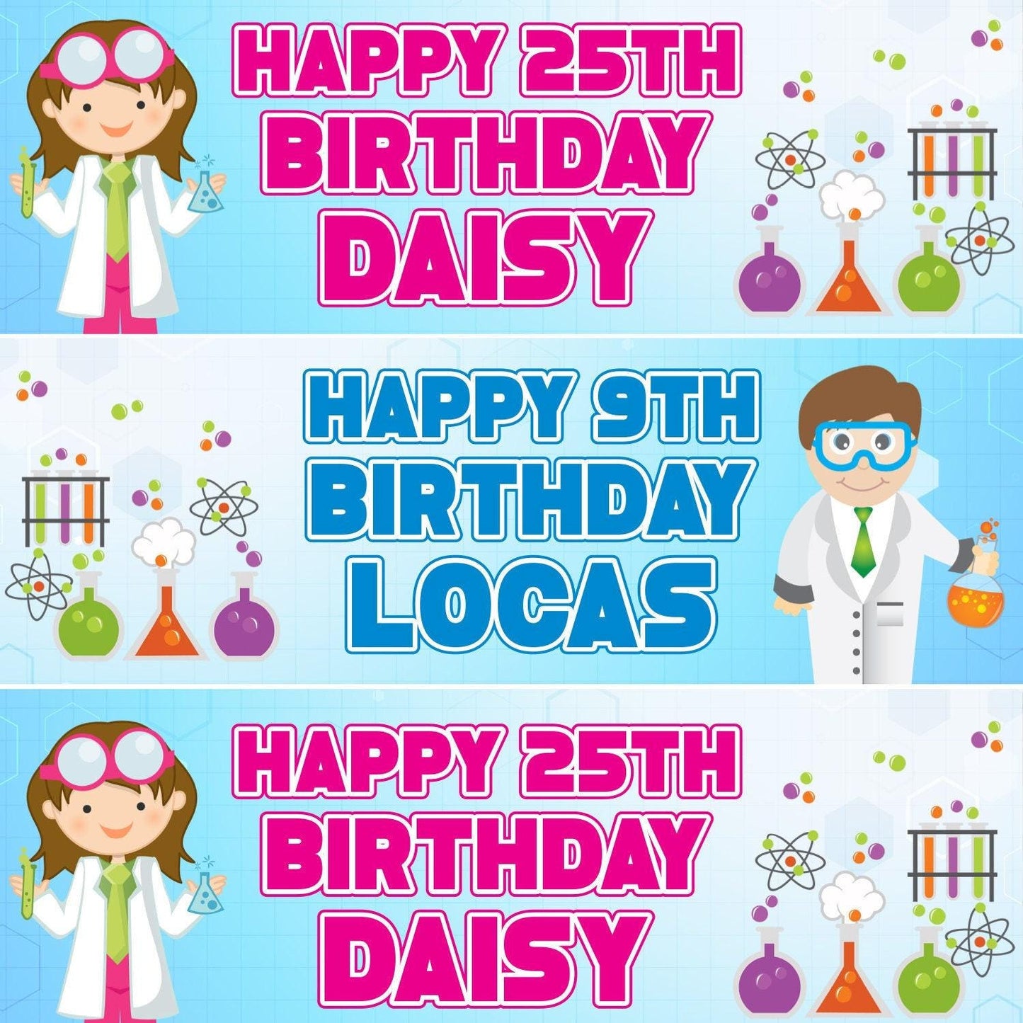 2 Personalised Mad Scientist Birthday Party Celebration Banner Decoration Poster