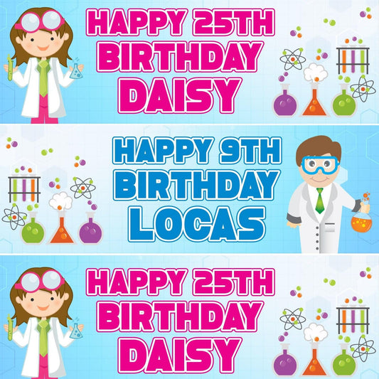 2 Personalised Mad Scientist Birthday Party Celebration Banner Decoration Poster