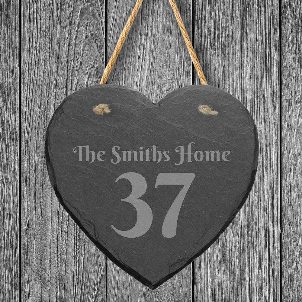 Personalised Slate Stone Hanging Heart House Number Name Door Sign Plaque