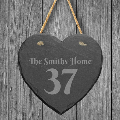 Personalised Slate Stone Hanging Heart House Number Name Door Sign Plaque
