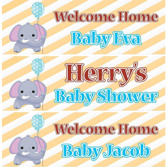 2x Personalised Elephant Baby Shower Banner: Welcome Home Decoration