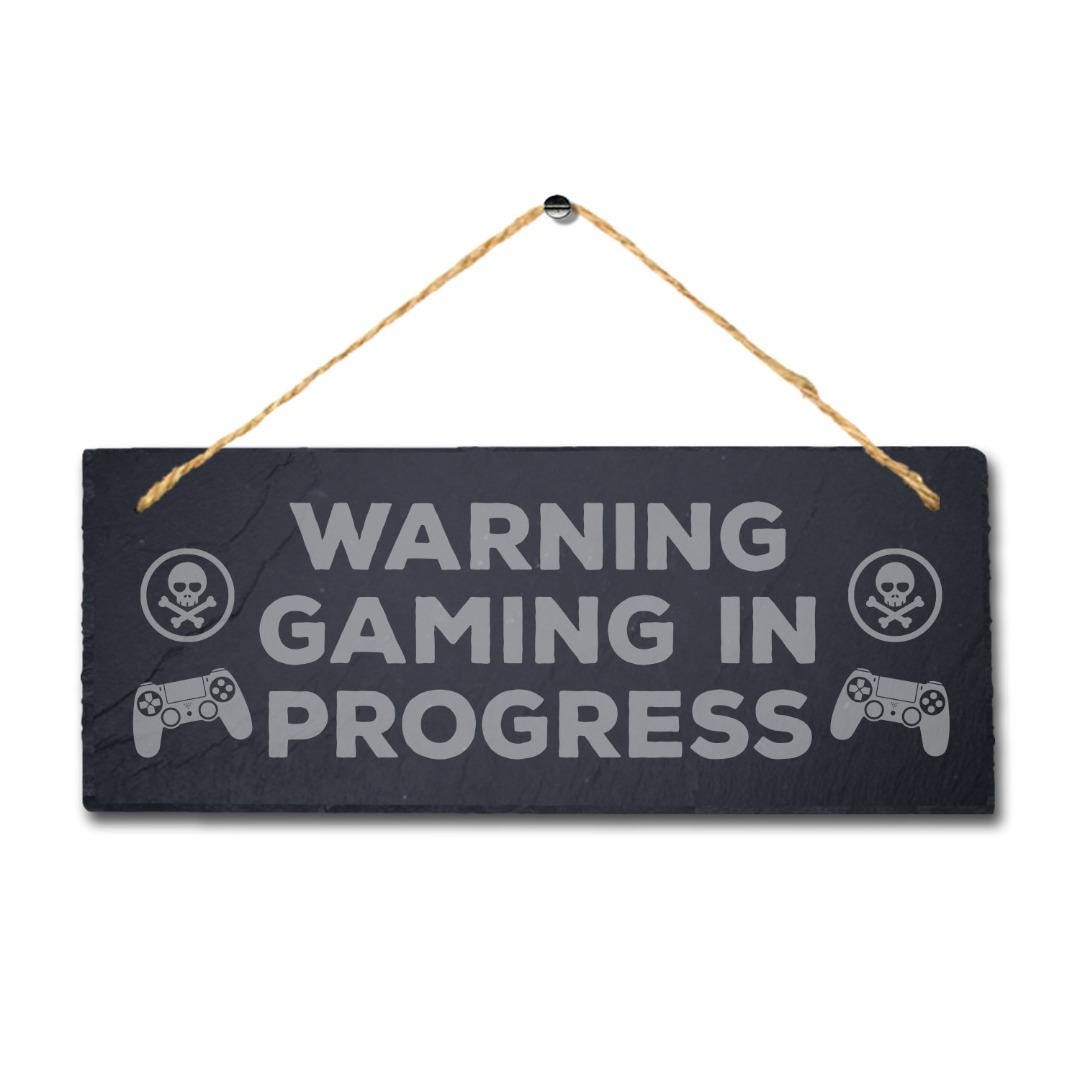 Warning Gaming In Progress Laser Engraved Hanging Slate Gamer Room Plaque Sign