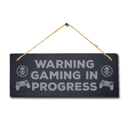 Warning Gaming In Progress Laser Engraved Hanging Slate Gamer Room Plaque Sign
