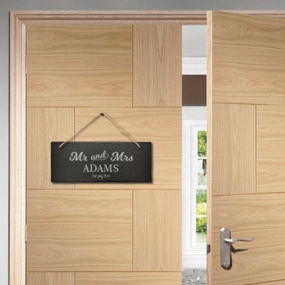 Large Personalised Mr And Mrs Hanging Slate Sign Engraved Name Date Wedding Gift