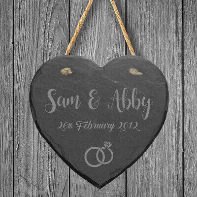 Personalised Hanging Slate Heart Rings Engraved Plaque Wedding Engagement Gift