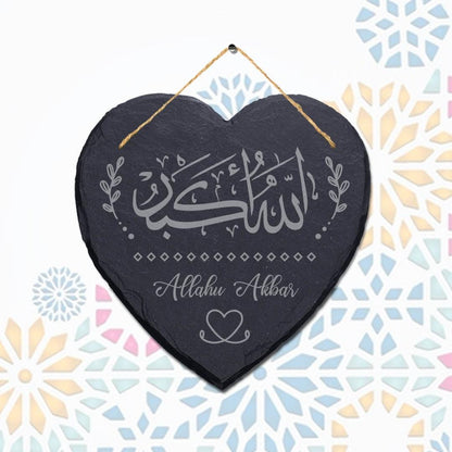 Allahu Akbar Takbir Engraved Wall Hanging Islamic Heart Home Slate Plaque Sign
