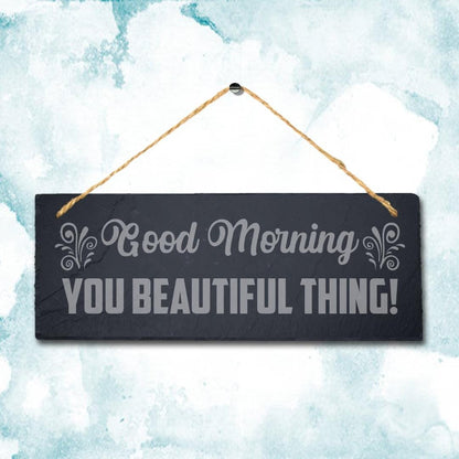 Good Morning Slate Sign: Engraved Wall Art with Jute Rope