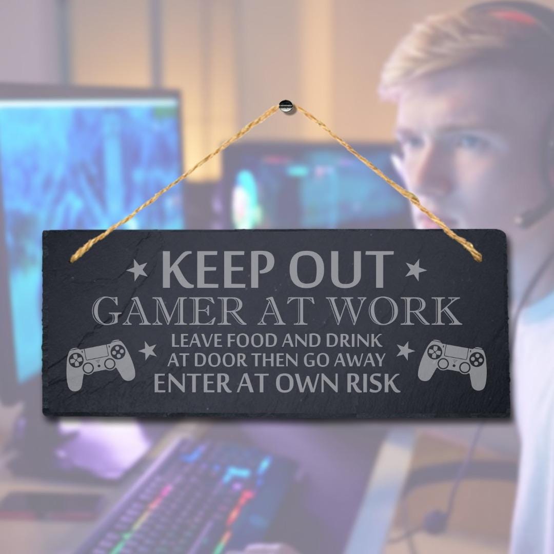 Keep Out Gamer Work Laser Engraved Hanging Slate Video Gaming Door Plaque Sign