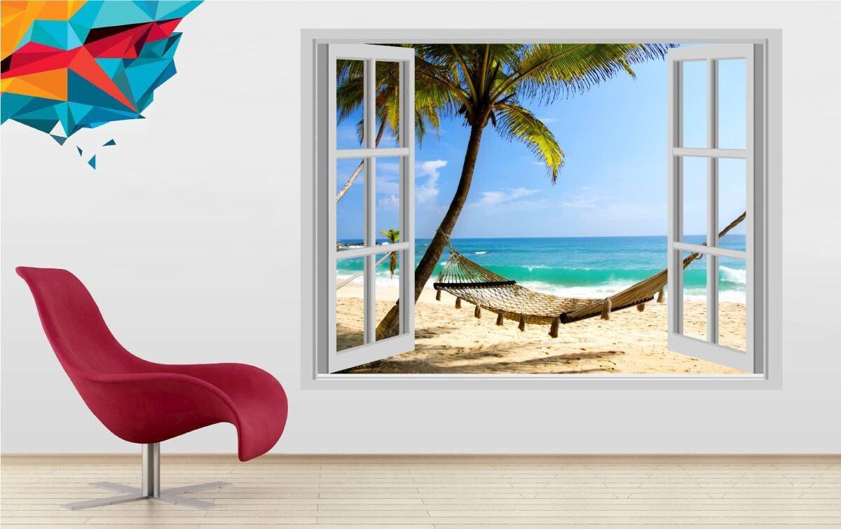 Beach Resort 3D Window View Wall Decal: Summer Sea Waves Vinyl Mural