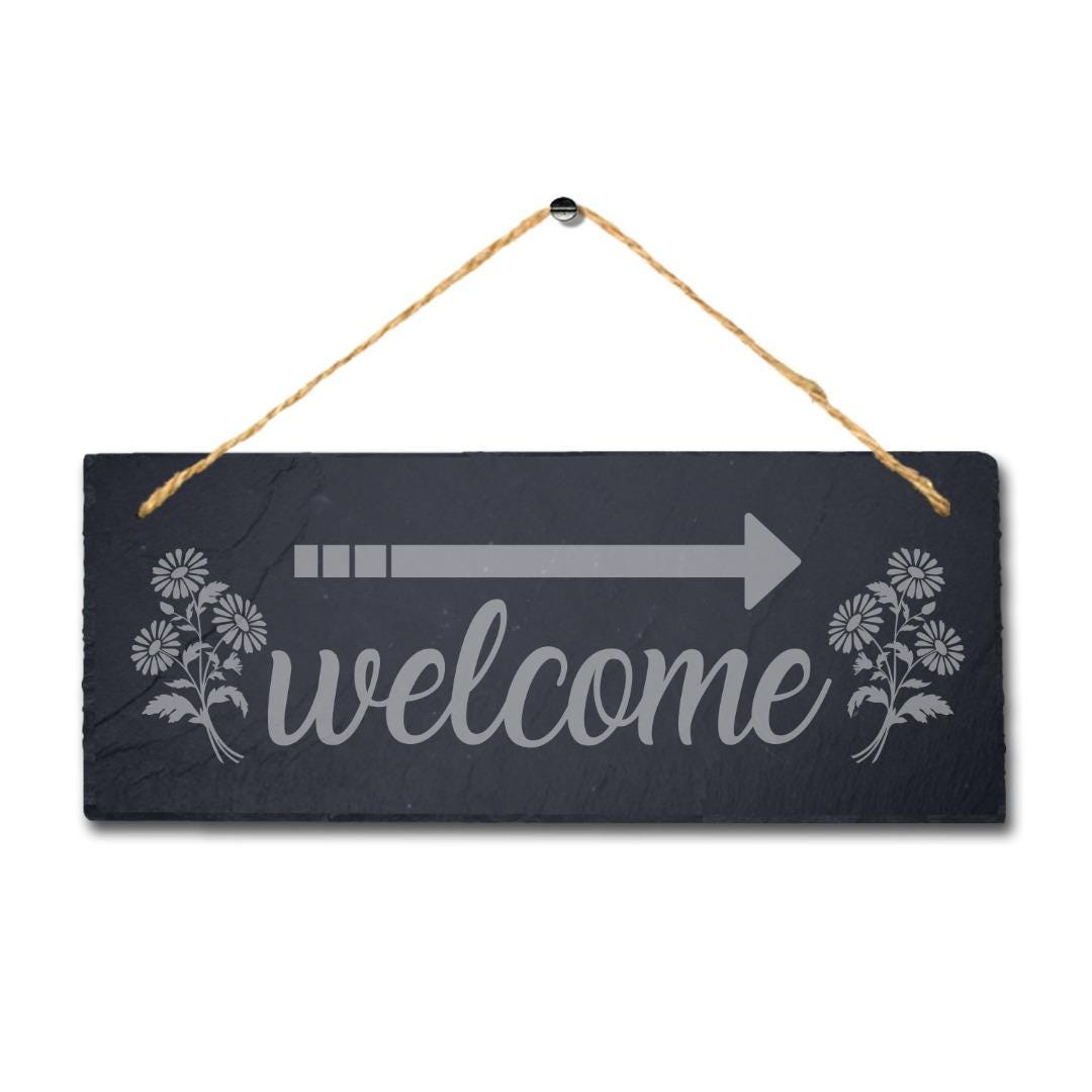 Welcome Right Way Arrow Laser Engraved Hanging Slate Wedding Venue Plaque Sign