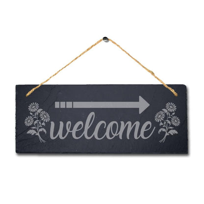 Welcome Right Way Arrow Laser Engraved Hanging Slate Wedding Venue Plaque Sign