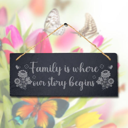 Family Where Our Story Begin Laser Engraved Hanging Slate Home Decor Plaque Sign