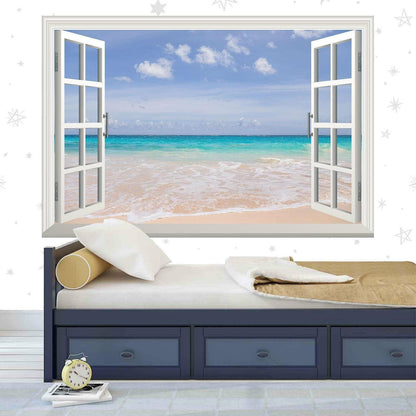Tropical Beach Window View Wall Decal: 3D Sea & Sand Mural