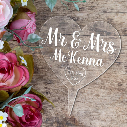 Personalised Mr & Mrs Wedding Cake Topper Engraved Acrylic Heart Decoration Gift