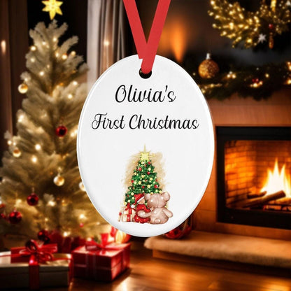 Personalised Babys First Christmas Oval Shape Ceramic Bauble Tree Hanging Decoration Keepsake