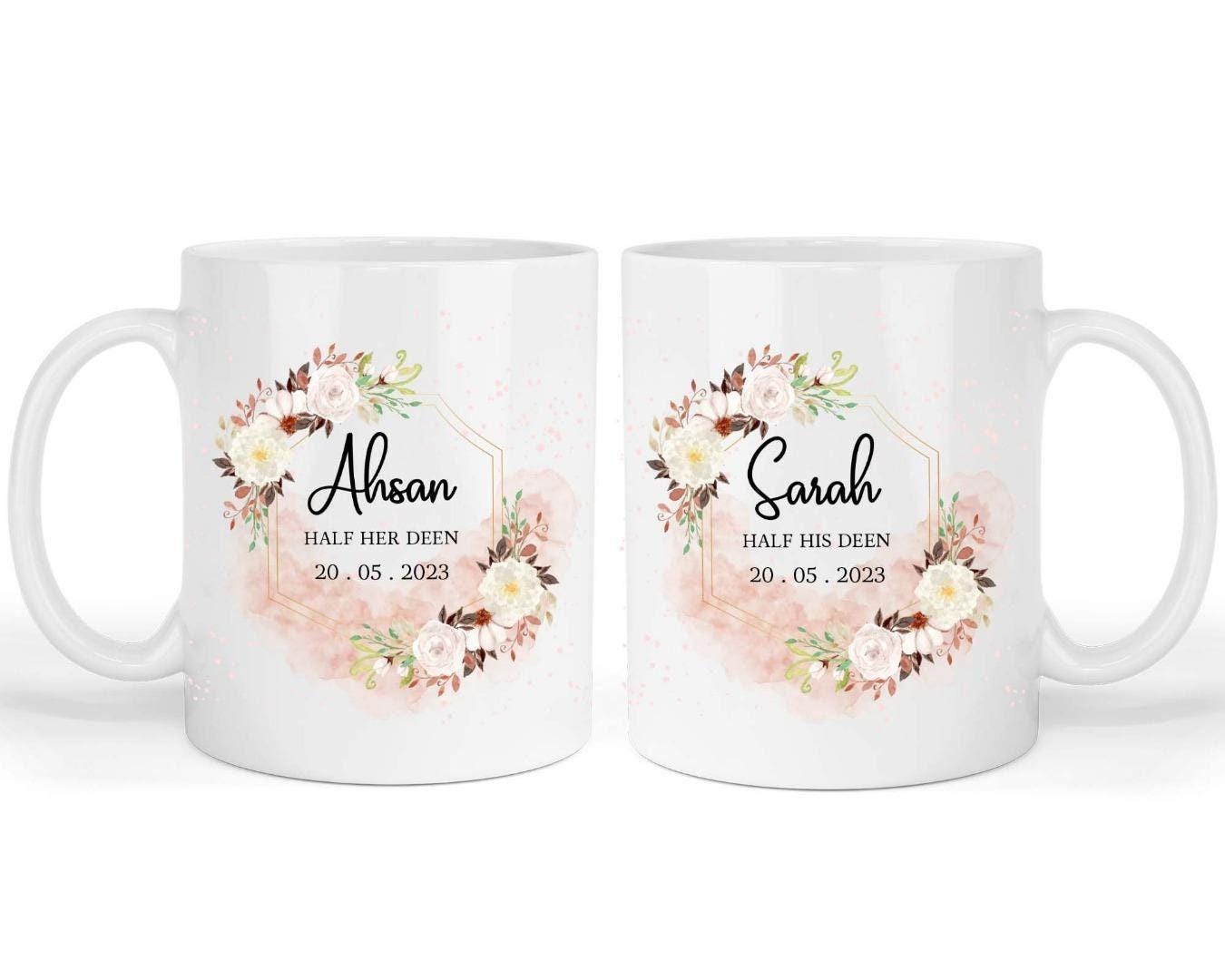 Personalised Islamic Couple Mug Set: Floral Wedding Gifts