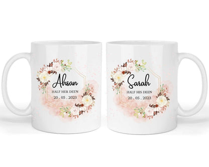 Personalised Islamic Couple Mug Set: Floral Wedding Gifts