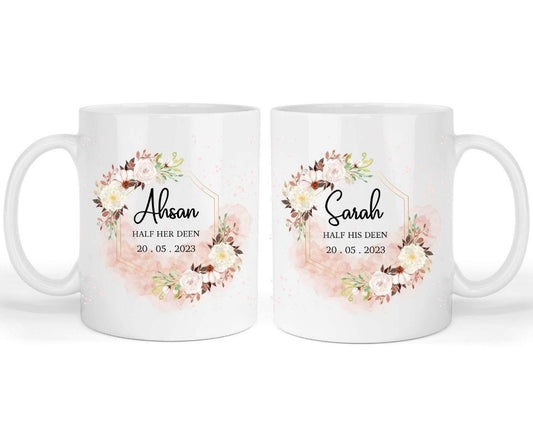 Personalised Islamic Couple Mug Set: Floral Wedding Gifts