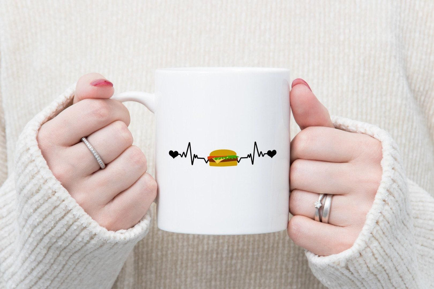 Burger Heartbeat - Funny Ceramic Novelty Mug & Coaster Coffee Tea Cup Office Foodie Gift
