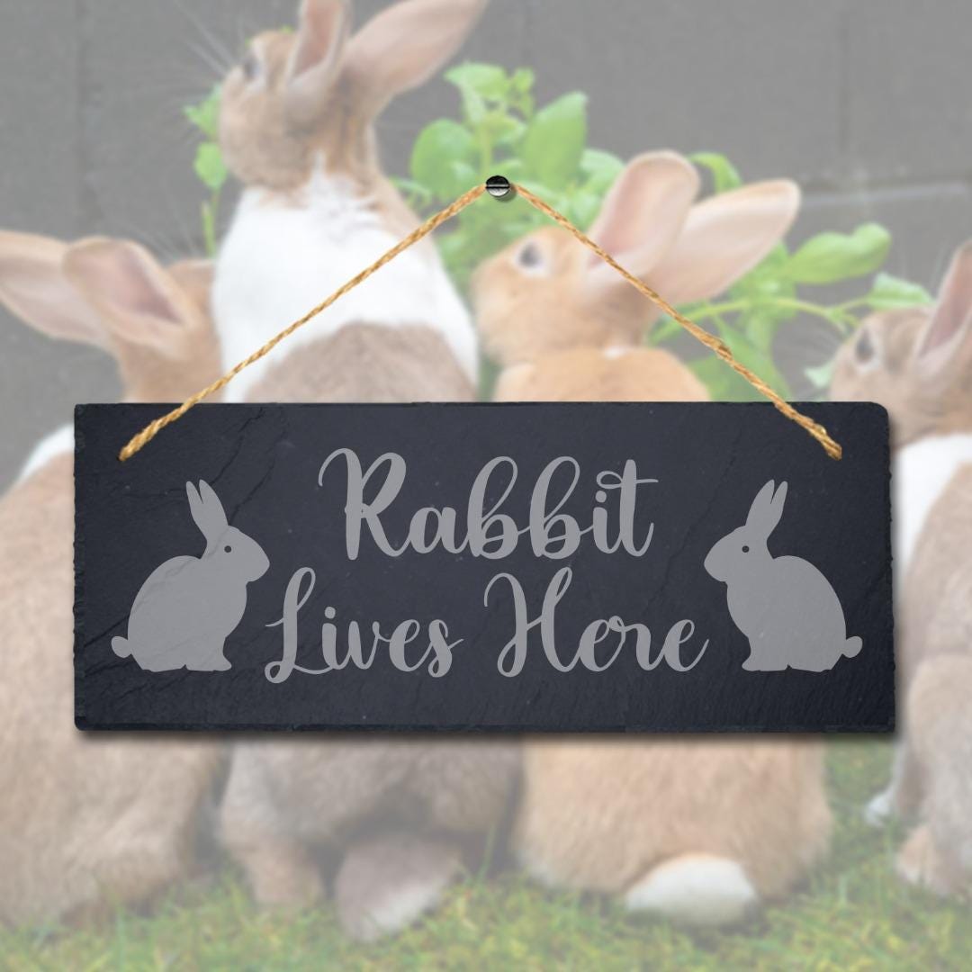 Rabbit Lives Here Laser Engraved Hanging Slate Rabbit Bunny Home Plaque Sign