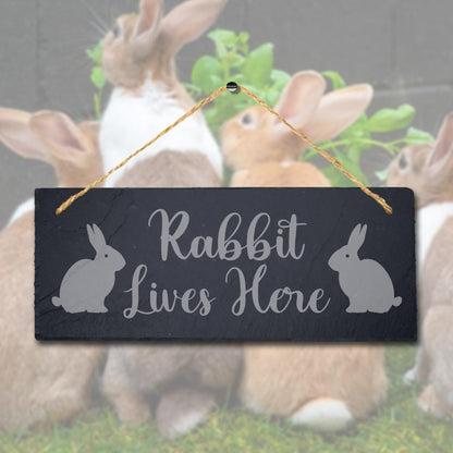 Rabbit Lives Here Laser Engraved Hanging Slate Rabbit Bunny Home Plaque Sign