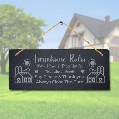 Farm House Rules Work Hard Laser Engraved Hanging Slate Farmhouse Plaque Sign