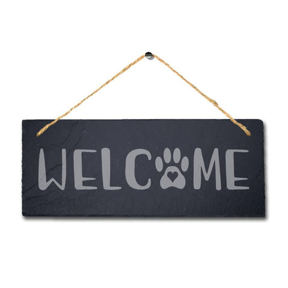 Welcome With Paw Print Laser Engraved Hanging Slate Home Decor Plaque Sign