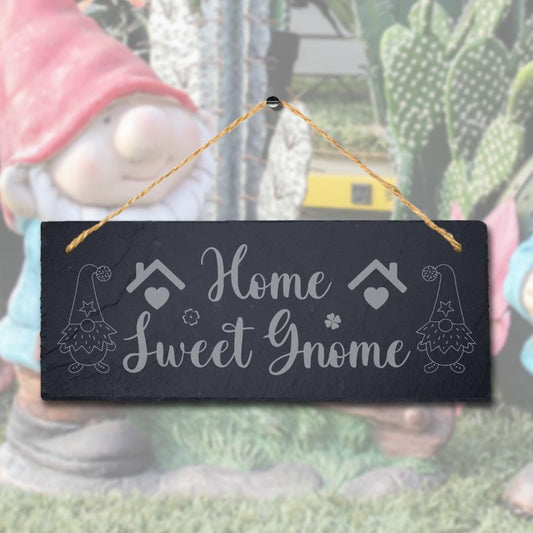 Home Sweet Gnome Laser Engraved Hanging Slate Garden Home Decor Plaque Sign