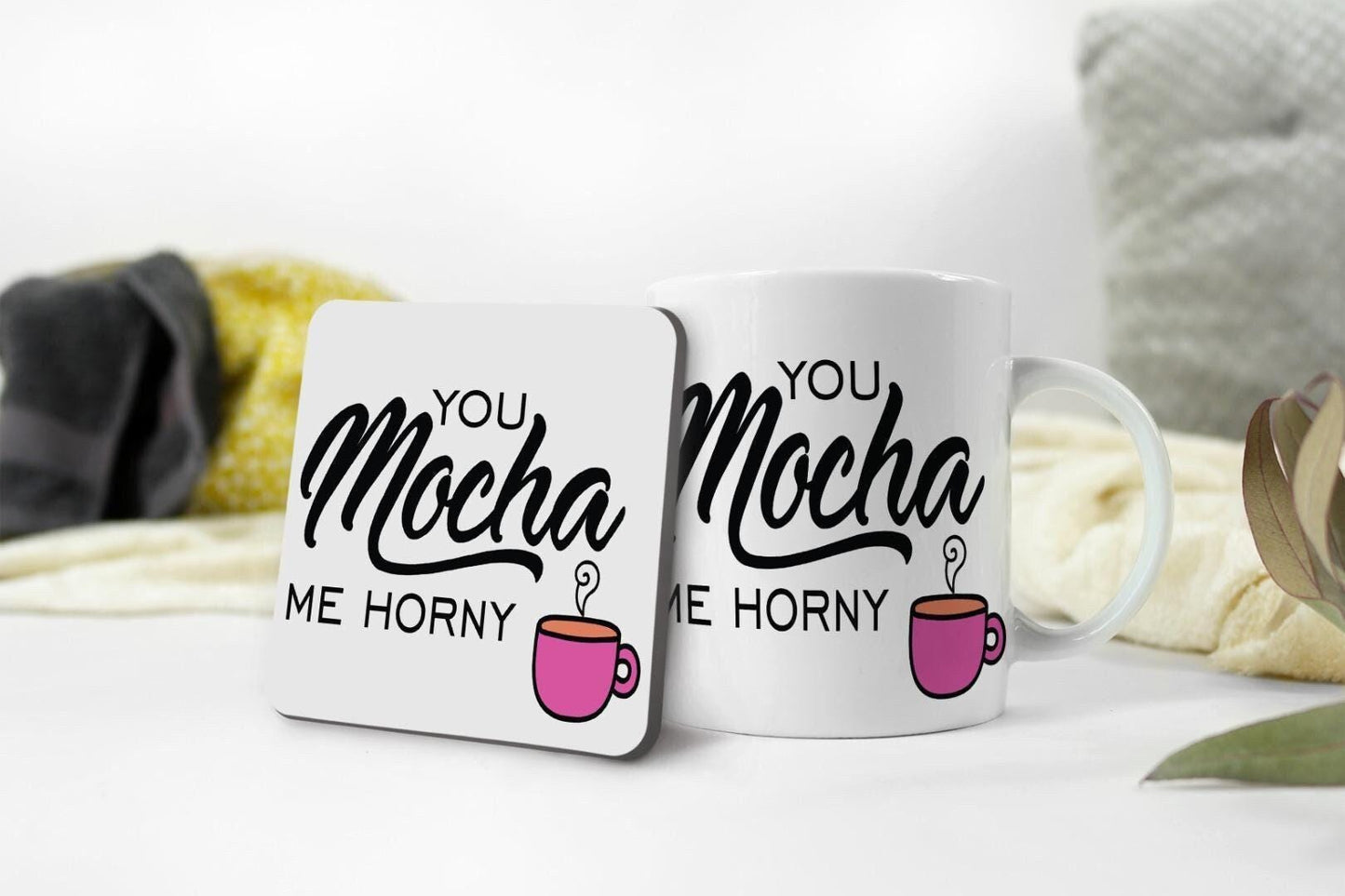 Mocha Horny Mug & Coaster Set Funny Sarcastic Birthday Christmas Coffee Gift