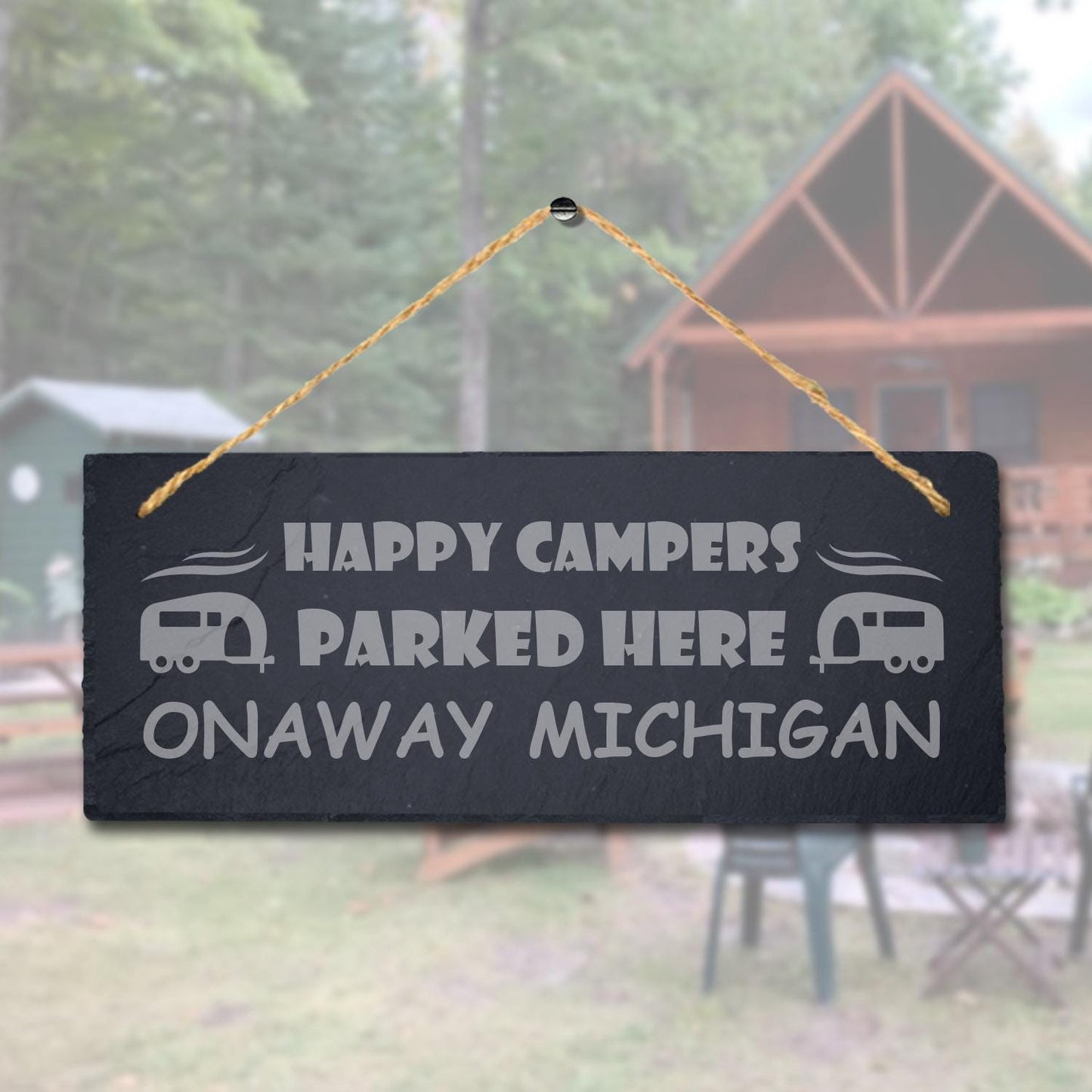 Happy Campers Parked Caravan Laser Engraved Hanging Slate Camping Plaque Sign
