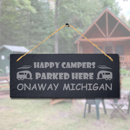 Happy Campers Parked Caravan Laser Engraved Hanging Slate Camping Plaque Sign