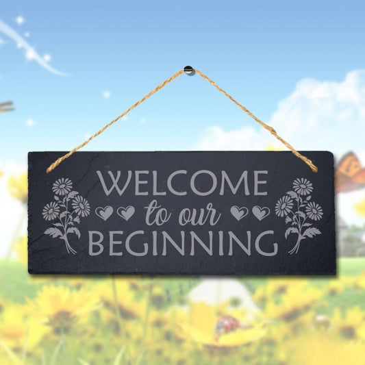 Welcome To Our Beginning Laser Engraved Hanging Slate Wedding Party Plaque Sign
