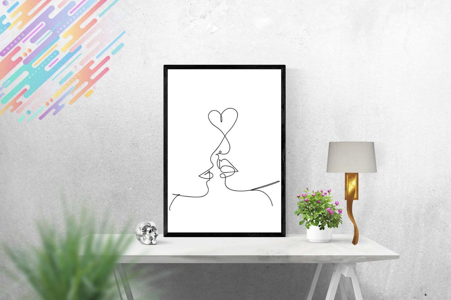 Kiss One Line Sketch Bedroom Drawing Minimalist Wall Art Home Decor Print Poster